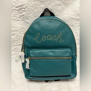 NWT RARE Coach Viridian Green Medium Charlie Backpack with Studded Coach Script.